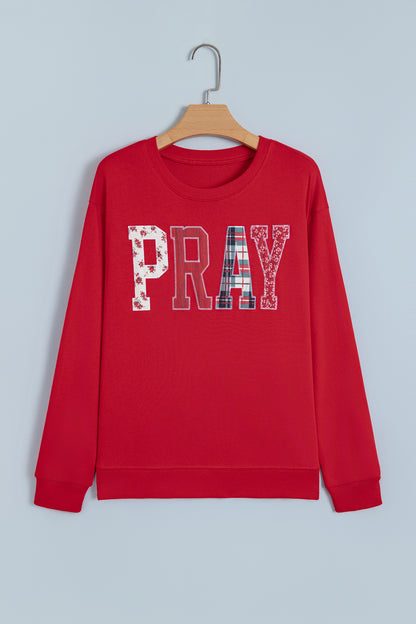 Racing Red Floral Buffalo Plaid Striped Embroidered Patch Western Pullover Sweatshirt