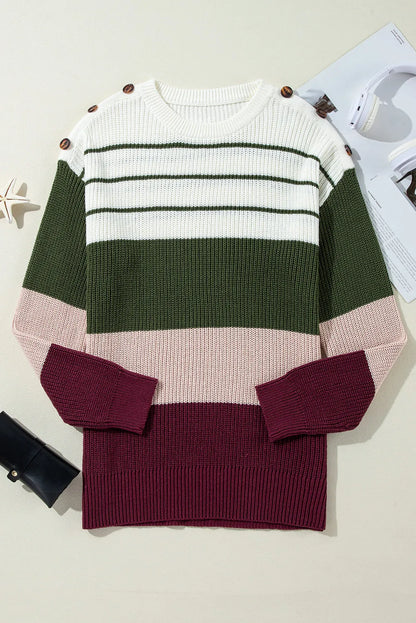 Green Color Block Striped Buttoned Shoulder Split Sweater - Chic Meadow Boutique 