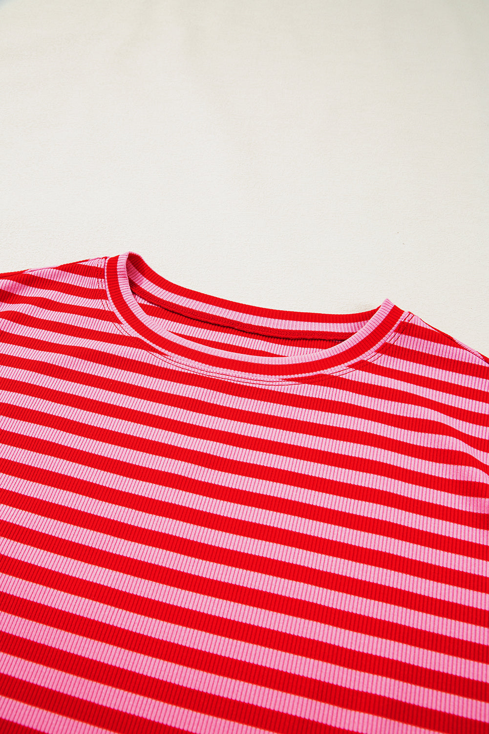 Red Stripe Ribbed Cap Sleeve Round Neck T Shirt