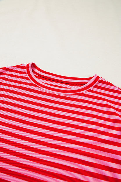 Red Stripe Ribbed Cap Sleeve Round Neck T Shirt