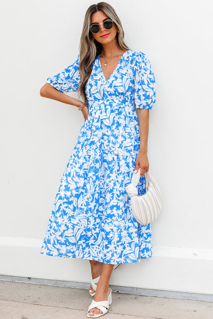 Sky Blue Floral V Neck Puff Short Sleeve Flowy Long Dress