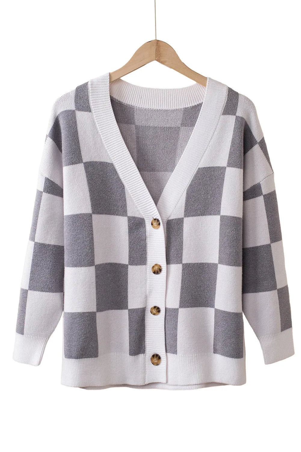 Gray Contrast Checkered Print Button Up Sweater Cardigan - Chic Meadow Boutique 