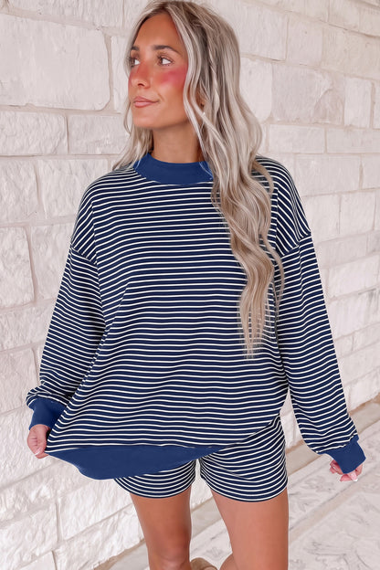 Blue Stripe Ribbed Patchwork Mock Neck Baggy Pullover Matching Shorts Set