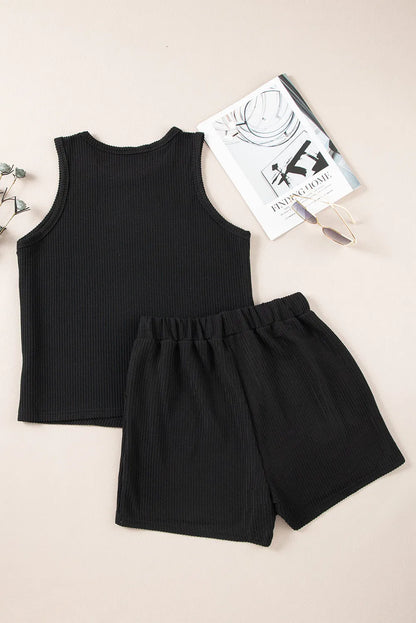 Black Corded Sleeveless Top and Pocketed Shorts Set - Chic Meadow Boutique 