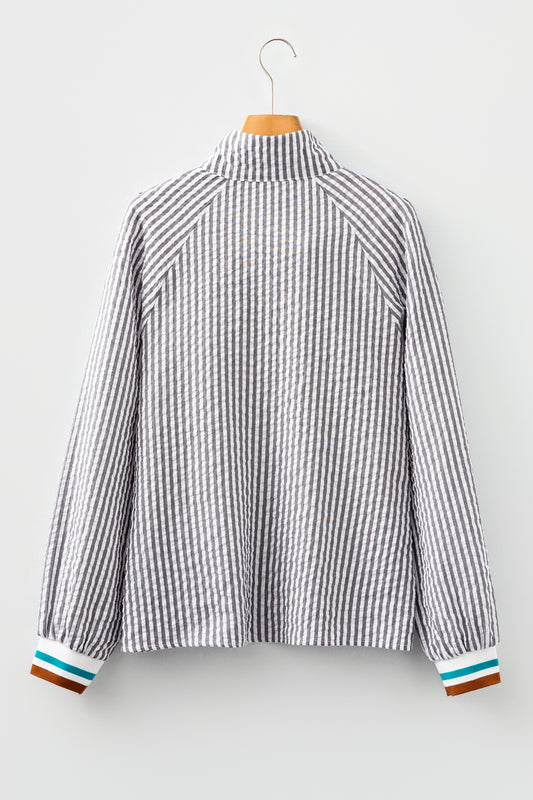 Dark Grey Striped Print Contrast Patchwork Detail Split Neck Blouse