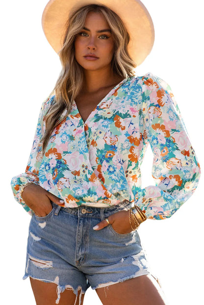 Sky Blue Floral Print Wrap Long Sleeve Bodysuit - Chic Meadow Boutique 