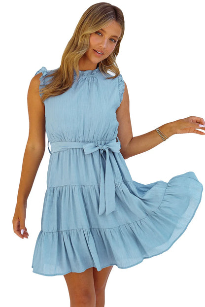 Sky Blue Frilled Neck Sleeveless Tiered Tulle Dress - Chic Meadow Boutique 