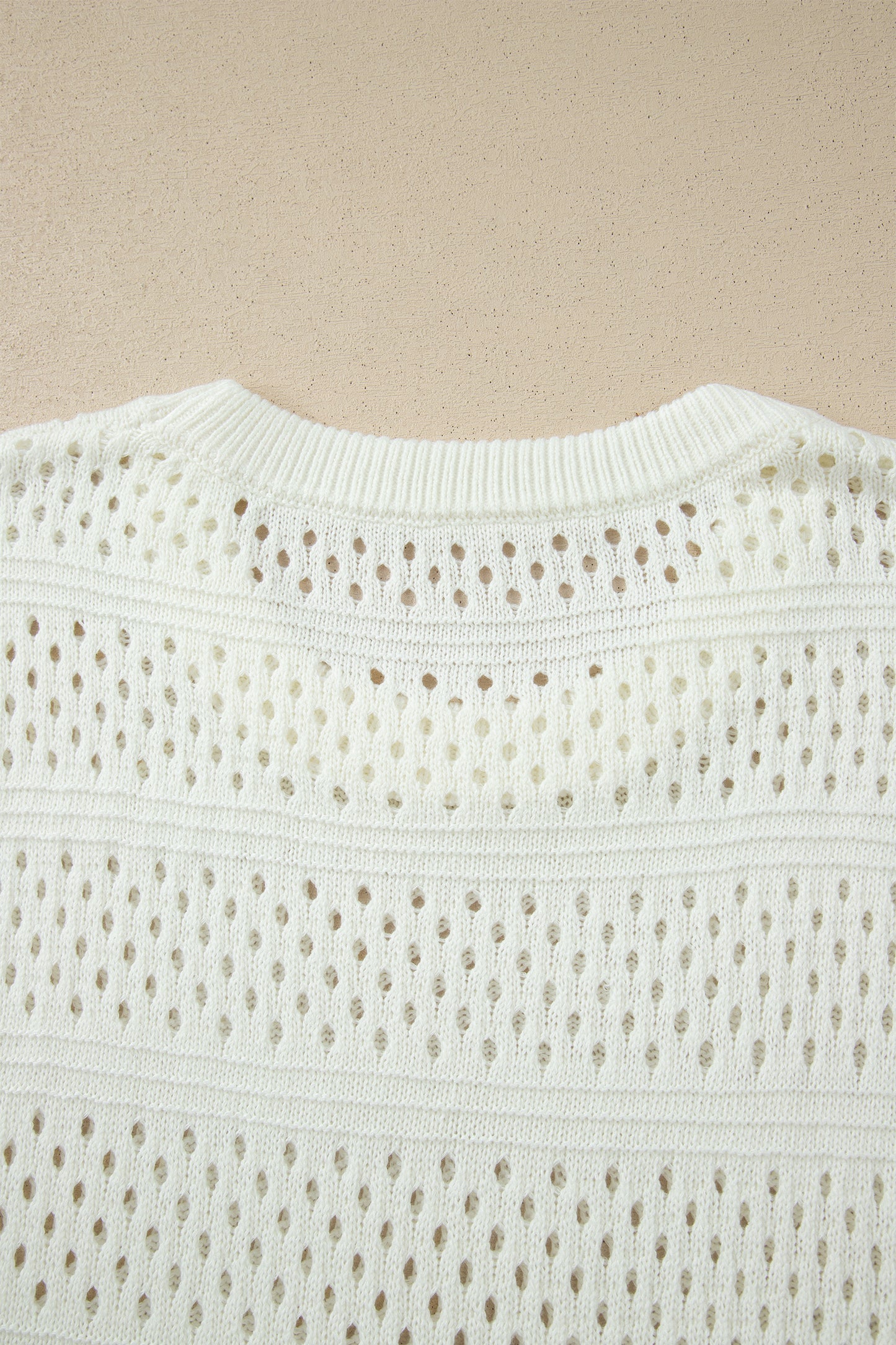White Plus Size Eyelet Hollow Out Knit Ribbed Trim Short Sleeve Dolman Sweater