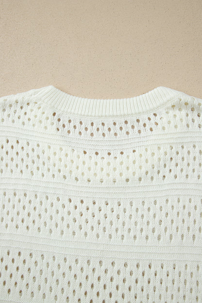 White Plus Size Eyelet Hollow Out Knit Ribbed Trim Short Sleeve Dolman Sweater