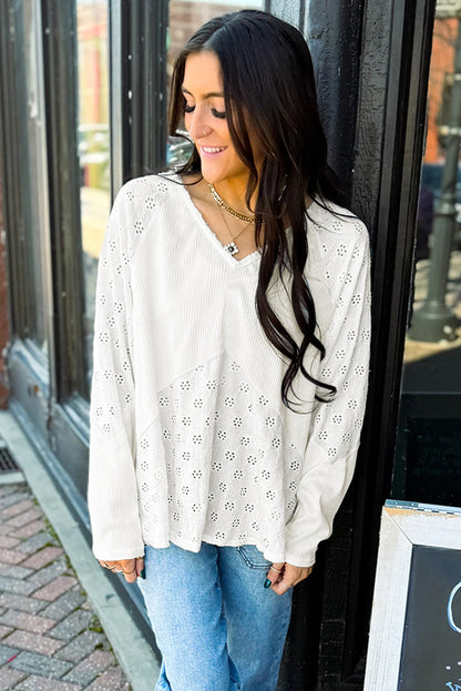 White Twisted Rib Patchwork Embroidered Loose V Neck Long Sleeve Top