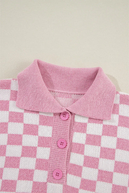 Pink Checkered Buttons Collar V Neck Drop Shoulder Sweater - Chic Meadow Boutique 