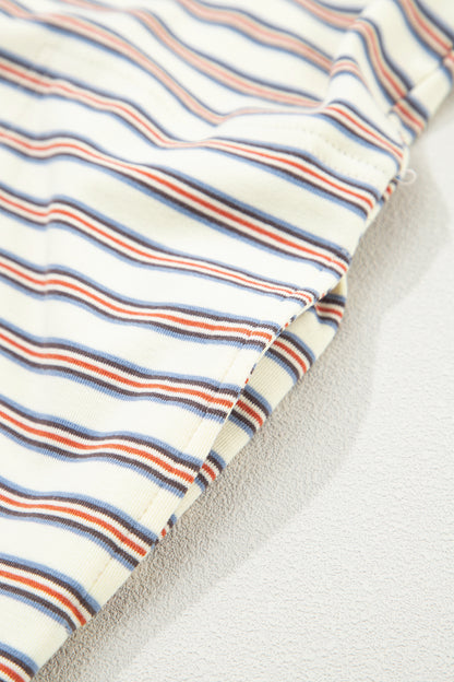 White Stripe Drop Shoulder Cuffed Sleeve Loose Tunic T Shirt Mini Dress