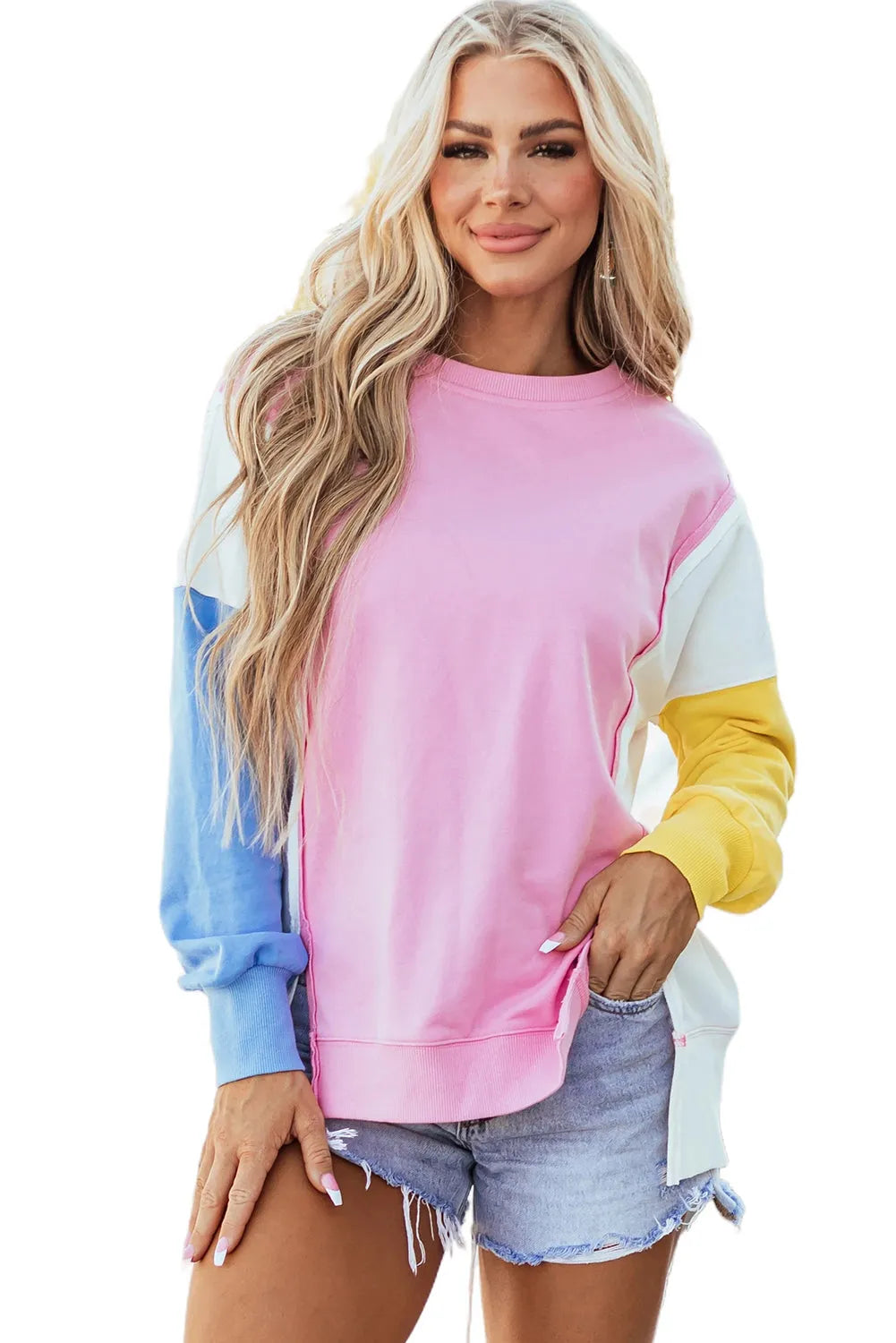 Bonbon Color Block Exposed Seam Side Slits Crewneck Sweatshirt - Chic Meadow Boutique 