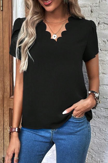 Black Scalloped V Neckline Petal Sleeve Top - Chic Meadow Boutique 