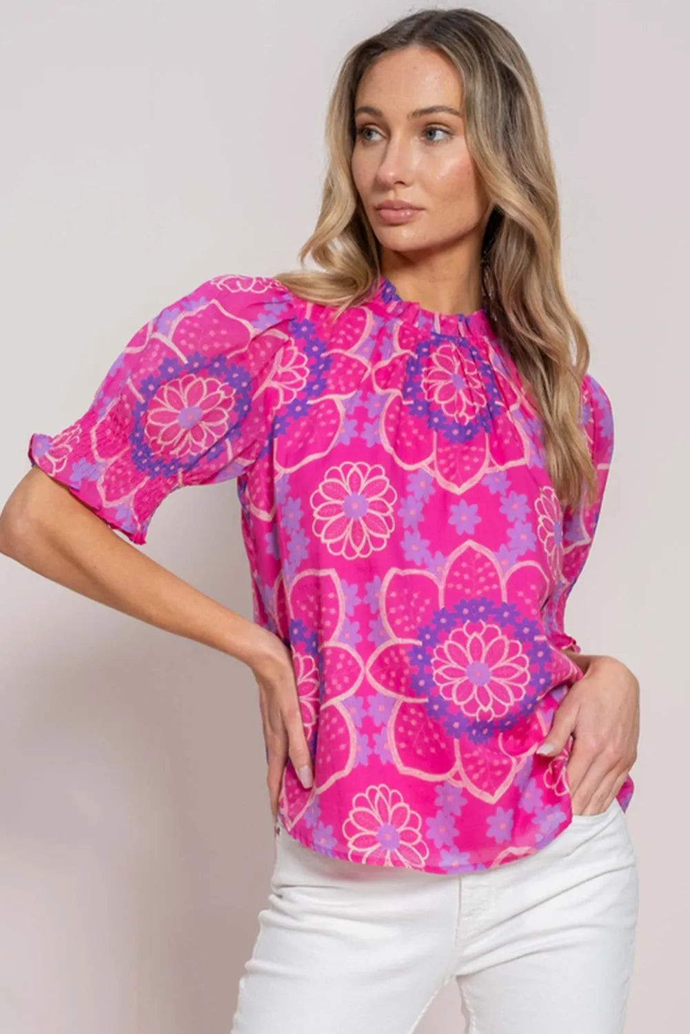 Rose Floral Print Frilled Neck Smocked Puff Sleeve Blouse - Chic Meadow Boutique 