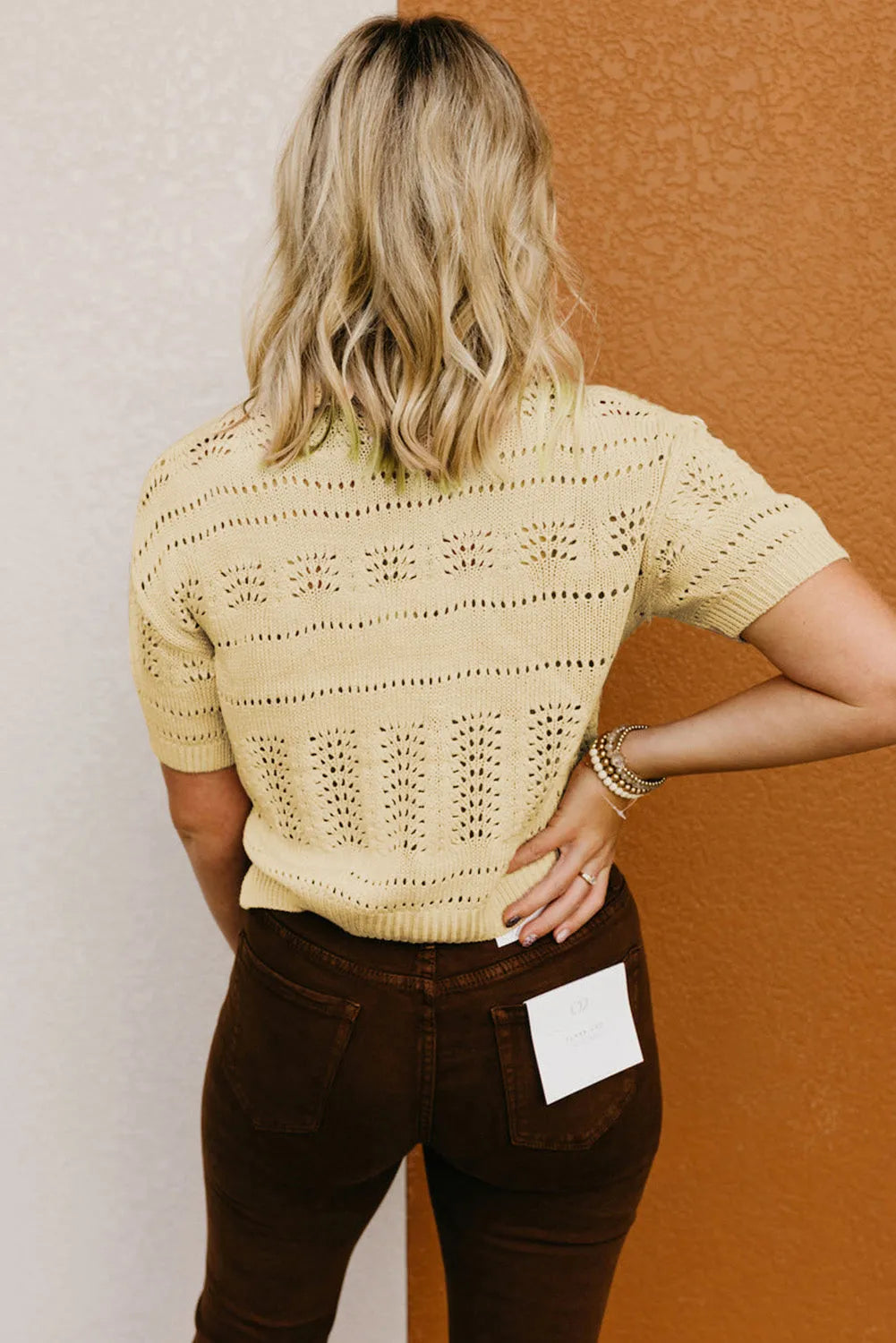 Beige Knitted Hollow out Short Sleeve Crop Sweater - Chic Meadow Boutique 