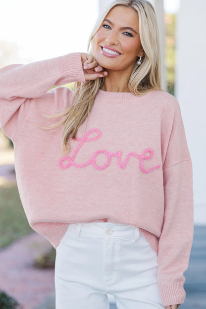 Pink Corded Love Script Graphic Baggy Sweater