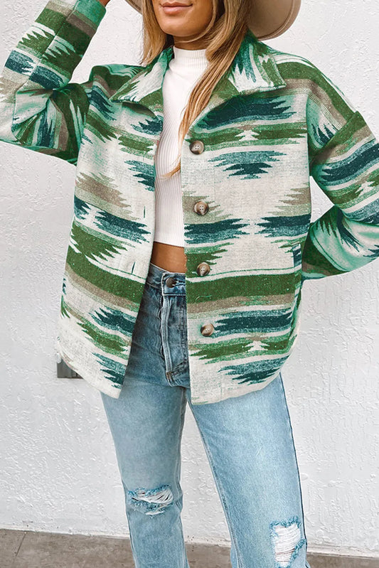 Blackish Green Aztec Print Button Up Long Sleeve Jacket - Chic Meadow Boutique 