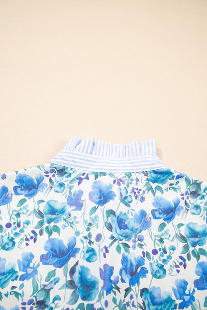 Sky Blue Floral Print Striped Patchwork Collared Short Sleeve Blouse