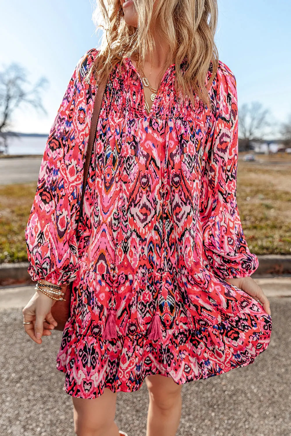 Rose Abstract Printed Tassel Tied Neck Long Sleeve Ruffled Mini Dress - Chic Meadow Boutique 