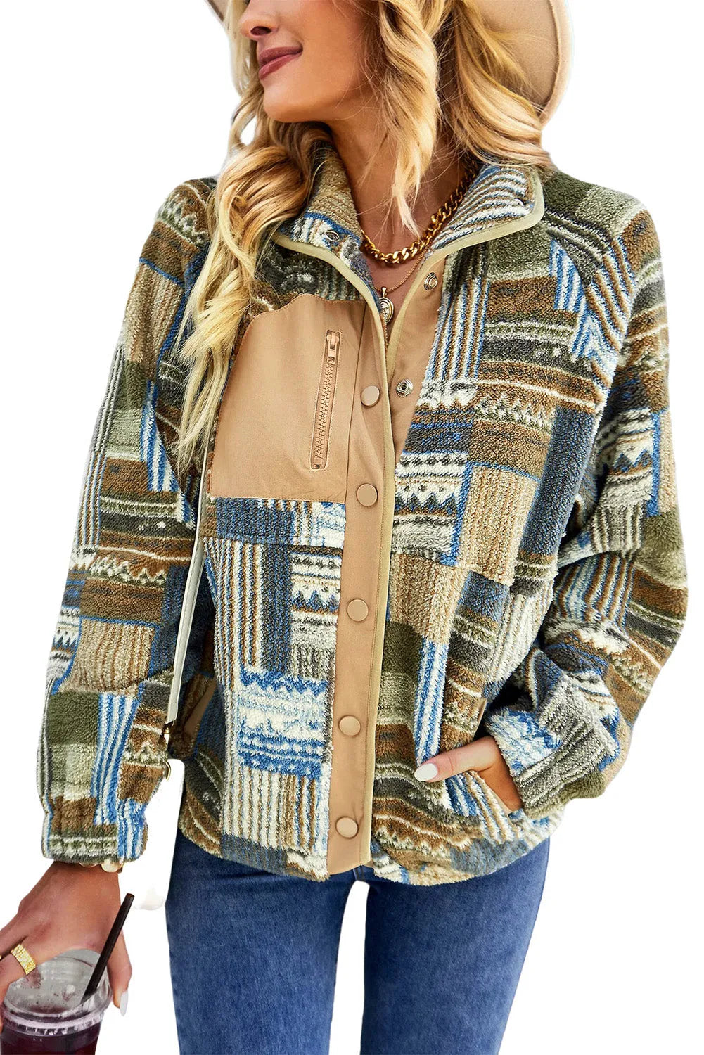 Khaki Western Colorblock Snap Buttoned Sherpa Jacket - Chic Meadow Boutique 