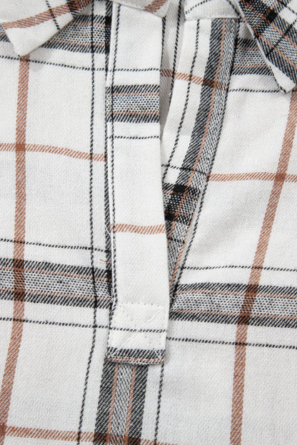 White Plaid Print Collared V Neck Loose Blouse with Side Slits