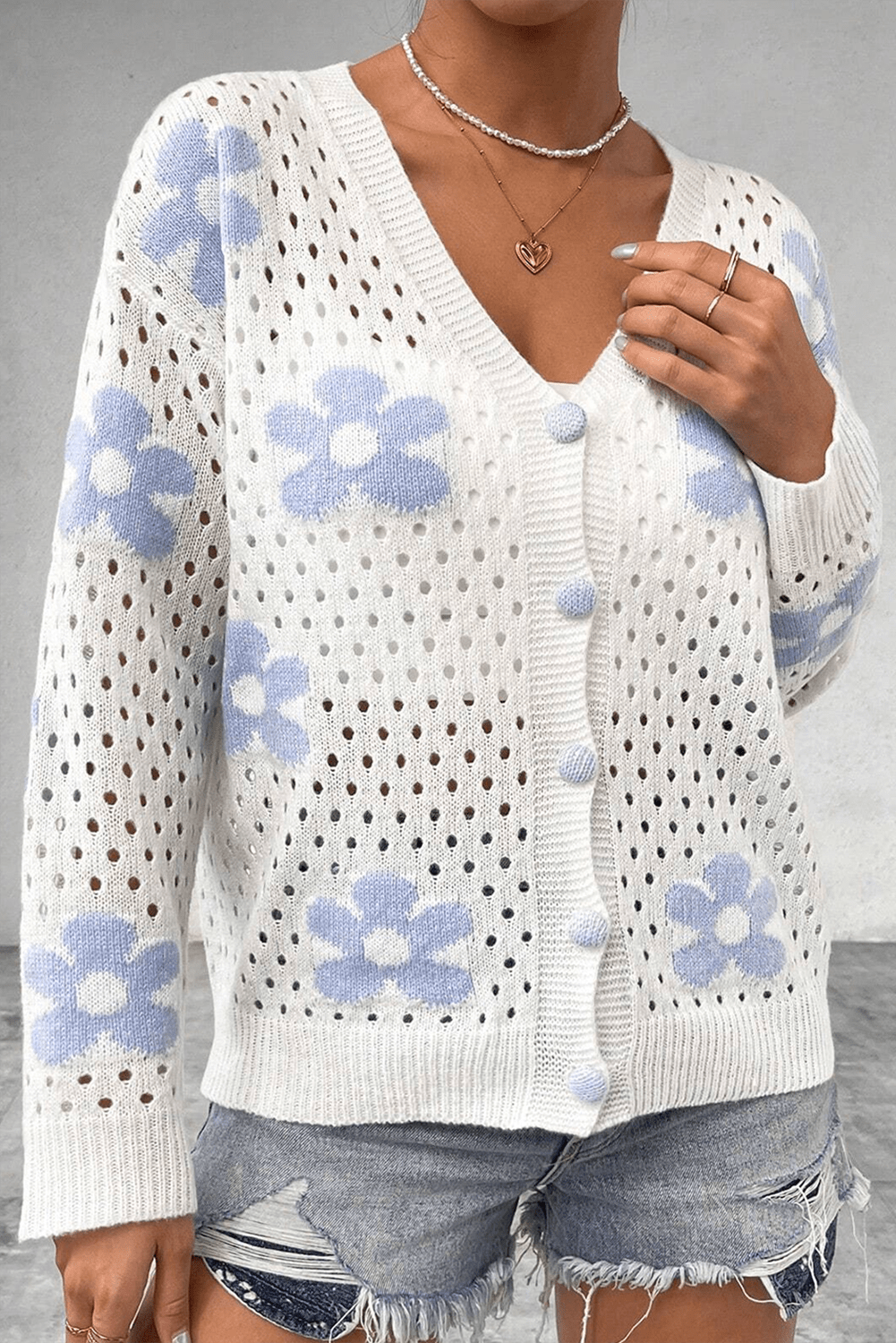 Sweaters & Cardigans/Cardigans White Flower Knit Hollow Out Open Short Cardigan