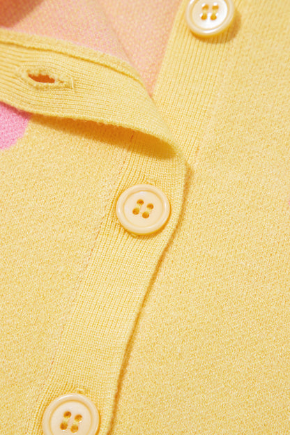 Yellow Cream Casual Polka Dot Button Front Long Sleeve Sweater Cardigan