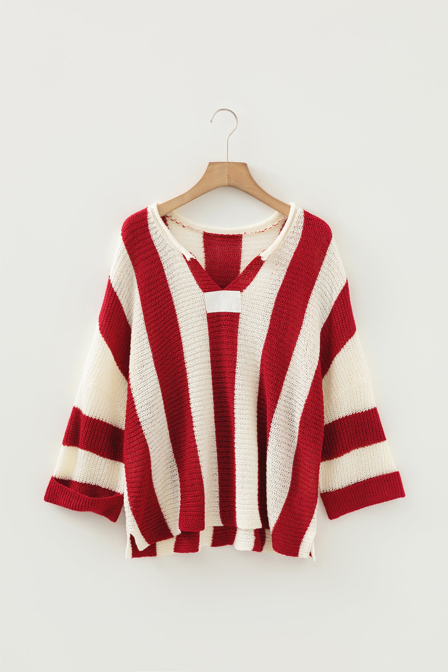 Red Stripe Colorblock V Neck Bracelet Sleeve Sweater