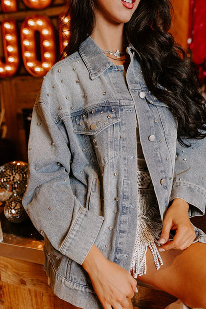 Dusk Blue Rhinestone Embellished Flap Pocket Denim Jacket - Chic Meadow Boutique 