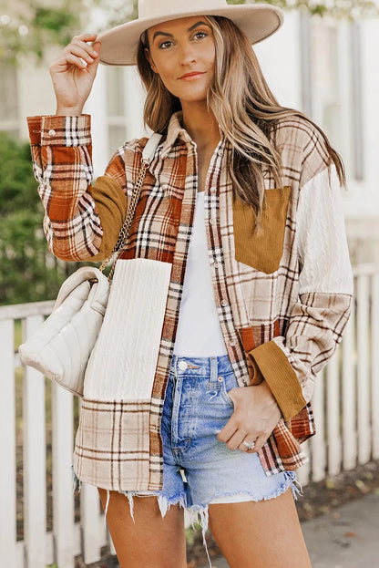 Orange Plaid Color Block Patchwork Shirt Jacket with Pocket - Chic Meadow Boutique 