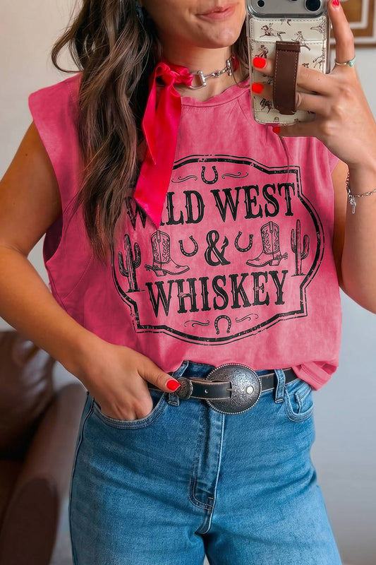 Bonbon Toner Washed Wild West Whiskey Print Sleeveless Muscle Top