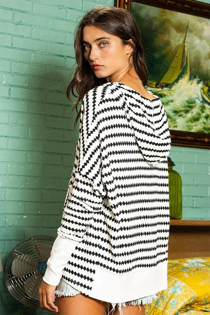 Black Stripe Argyle Striped Half Button Oversized Hoodie - Chic Meadow Boutique 