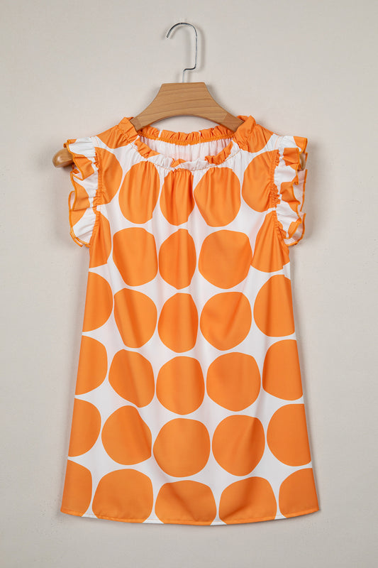 Yellow Polka Dot Print Frilled Round Neck Shift Tank Top