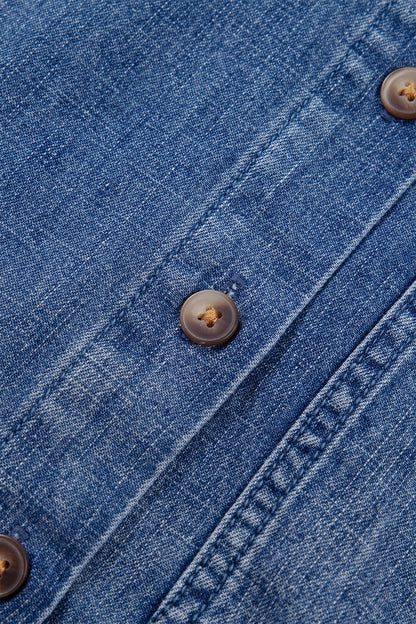 Dusk Blue Three Quarter Sleeve Button Front Loose Denim Shirt