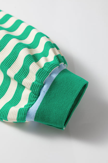 Green Striped Contrast Collar Split Neck Long Sleeve Mini Dress