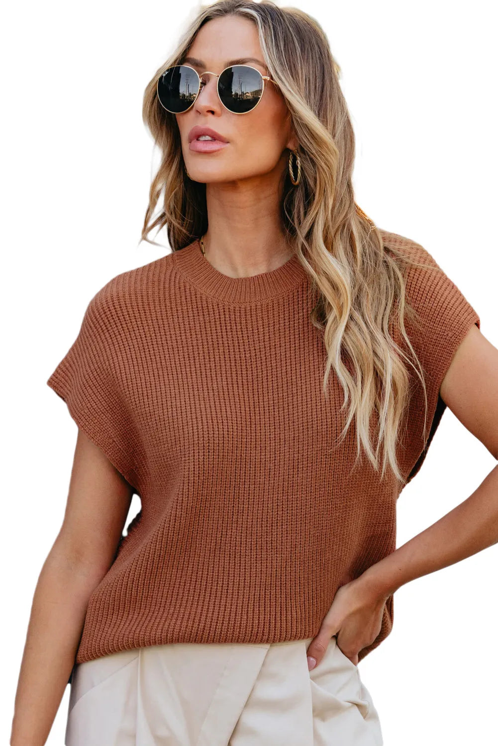 Chestnut Plain Crew Neck Short Sleeve Sweater - Chic Meadow Boutique 