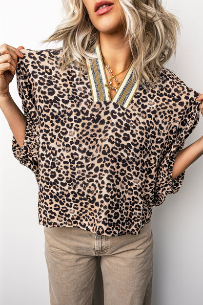 Leopard Contrast Trim V Neck Half Sleeve Western Dolman Blouse