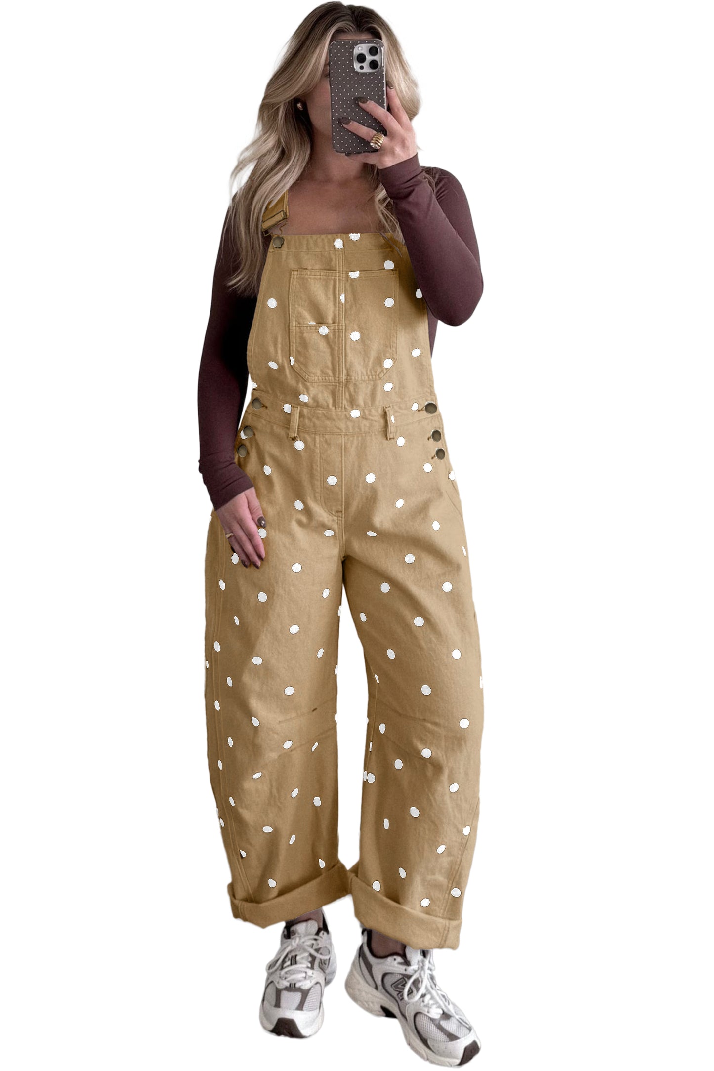 Light French Beige Polka Dot Print Bib Pocket Denim Barrel Overalls Jumpsuit
