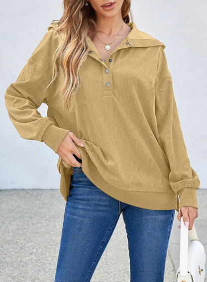 Simply Taupe Solid Ribbed Knit Buttoned Drop Shoulder Oversized Hoodie - Chic Meadow Boutique 