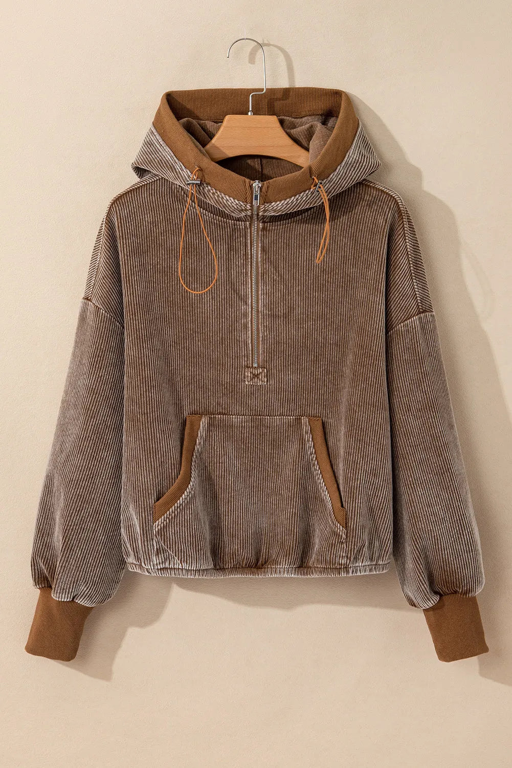 Chestnut Half Zipper Kangaroo Pocket Drawstring Corduroy Hoodie - Chic Meadow Boutique 