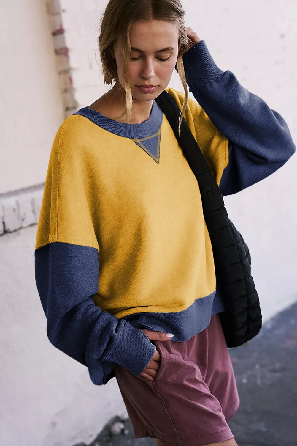 Yellow Color Block Thumbhole Sleeve Drop Shoulder Sweatshirt - Chic Meadow Boutique 