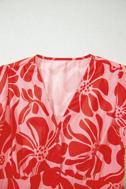 Red Boho Floral Short Sleeve V Neck Buttoned Shirred Waist Long Dress