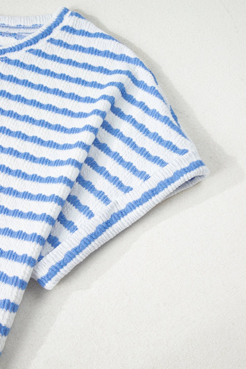 Sky Blue Stripe Knitted Short Sleeve Top and Drawstring Shorts Set