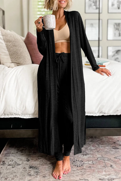 Black Split Long Cardigan and Skinny Pants Lounge Set - Chic Meadow Boutique 