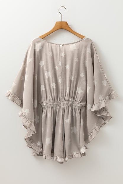 Gray Star Print Crinkle Textured Kimono Ruffle Sleeve Romper