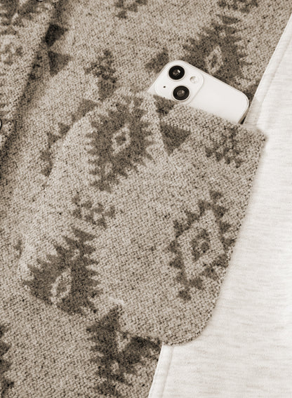 Gray Western Aztec Print Color Block Patchwork Drawstring Hooded Shacket