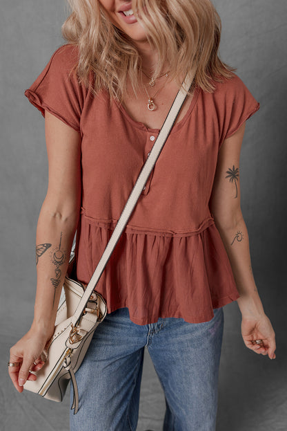 Chestnut Short Sleeve U Neck Buttons Splicing Ruffle Blouse