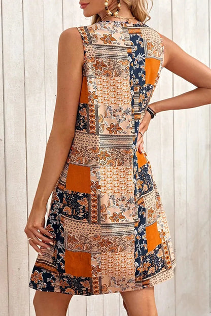 Orange Retro Floral Patchwork Print Sleeveless Mini Dress - Chic Meadow Boutique 