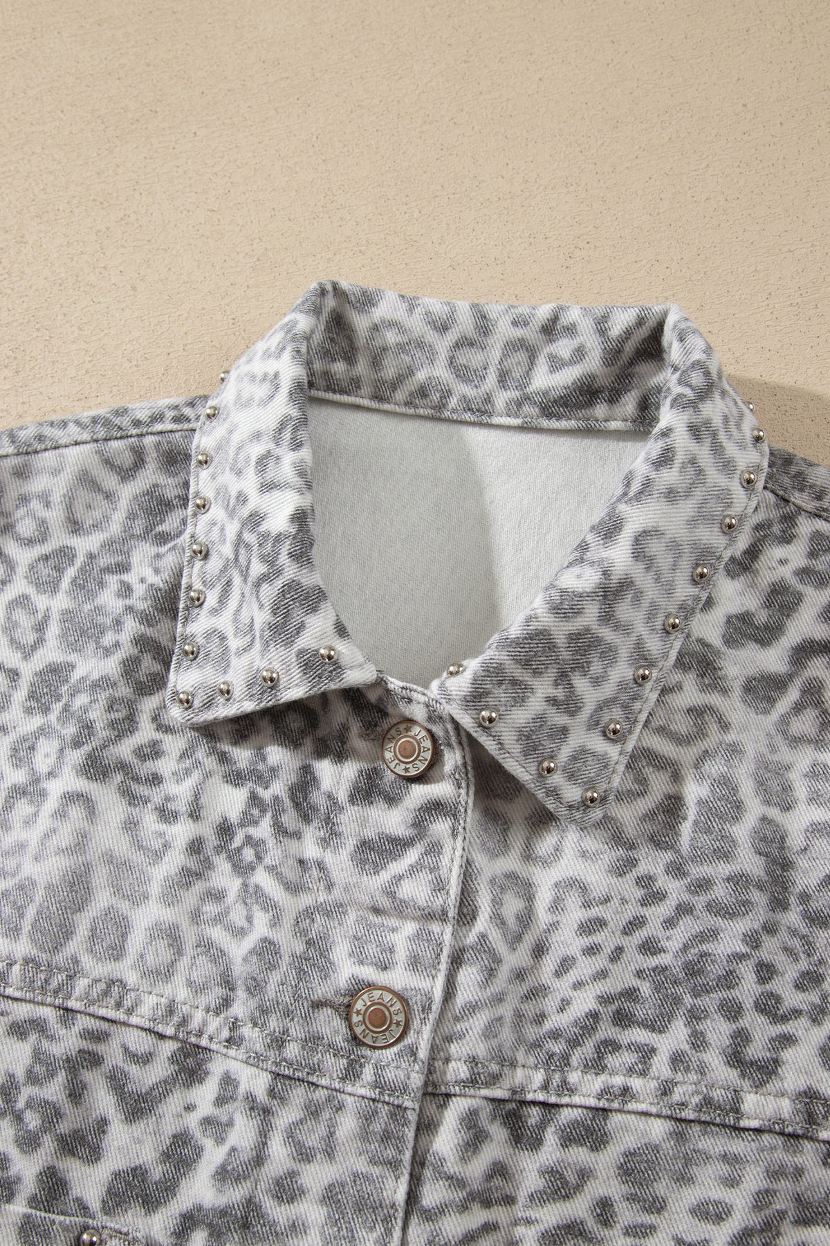 Khaki Leopard Print Studded Collar Studded Patch Pocket Denim Jacket